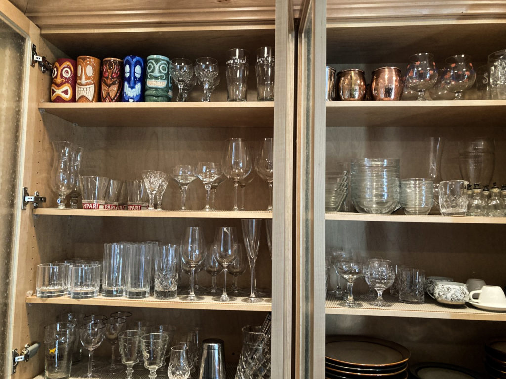cocktail glasses on shelves
